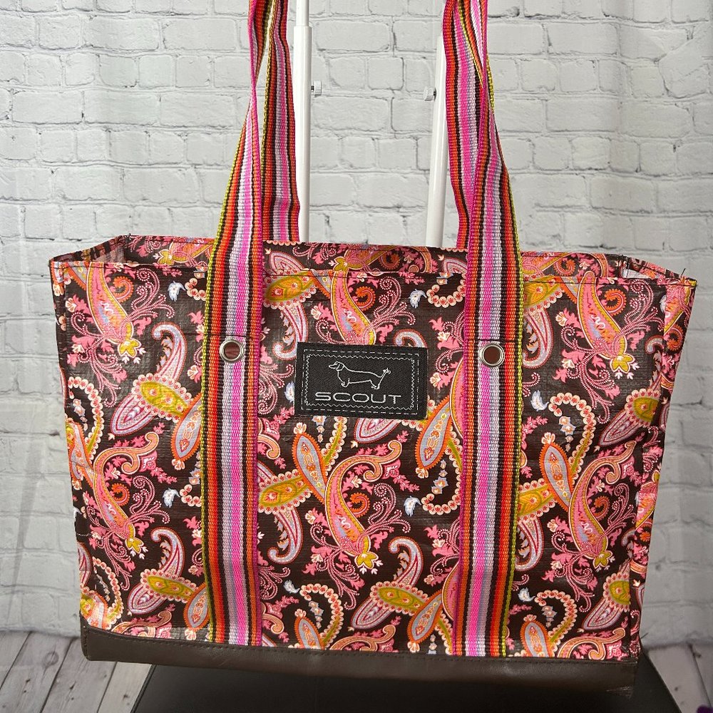 Scout Plastic Tote Bag in Pink Paisley Pattern with Striped Fabric Handles